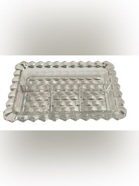 Vintage American Fostoria 4 Part Divided Relish Dish Clear Glass Cube Pattern